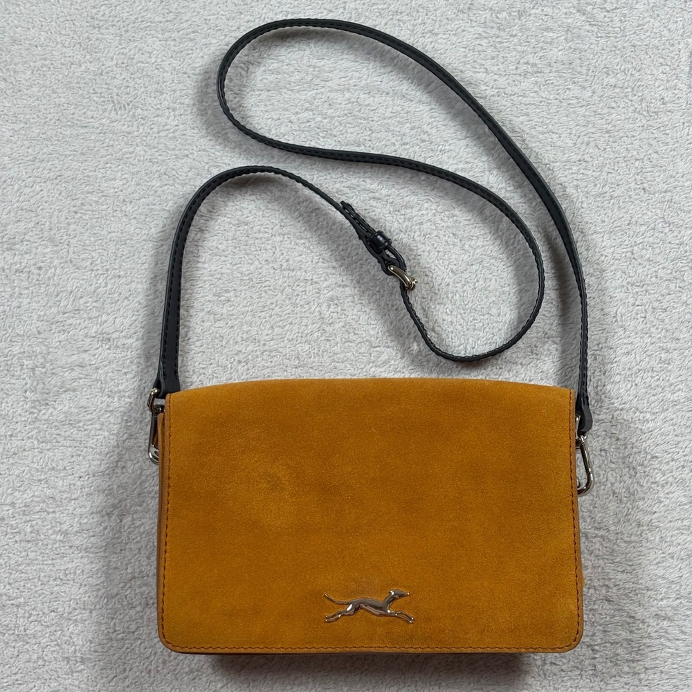 VTG Bimba Y Lola Suede Leather Crossbody Bag Mustard Yellow Greyhound Galgo Logo